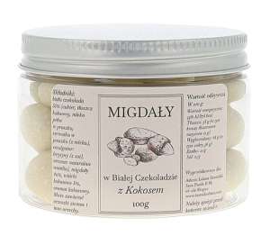 Migdały w Białej Czekoladzie z Kokosem w pudełku 100g